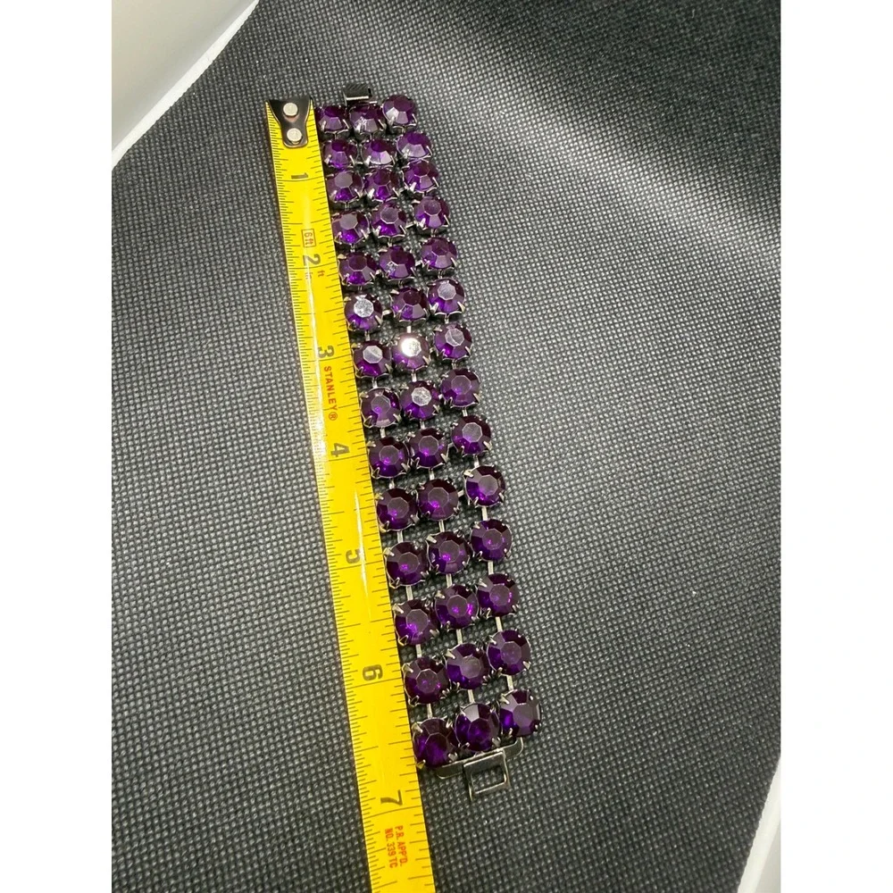 Vintage Purple Rhinestone Triple Row Cuff Bracelet Silver Tone Statement Jewelry